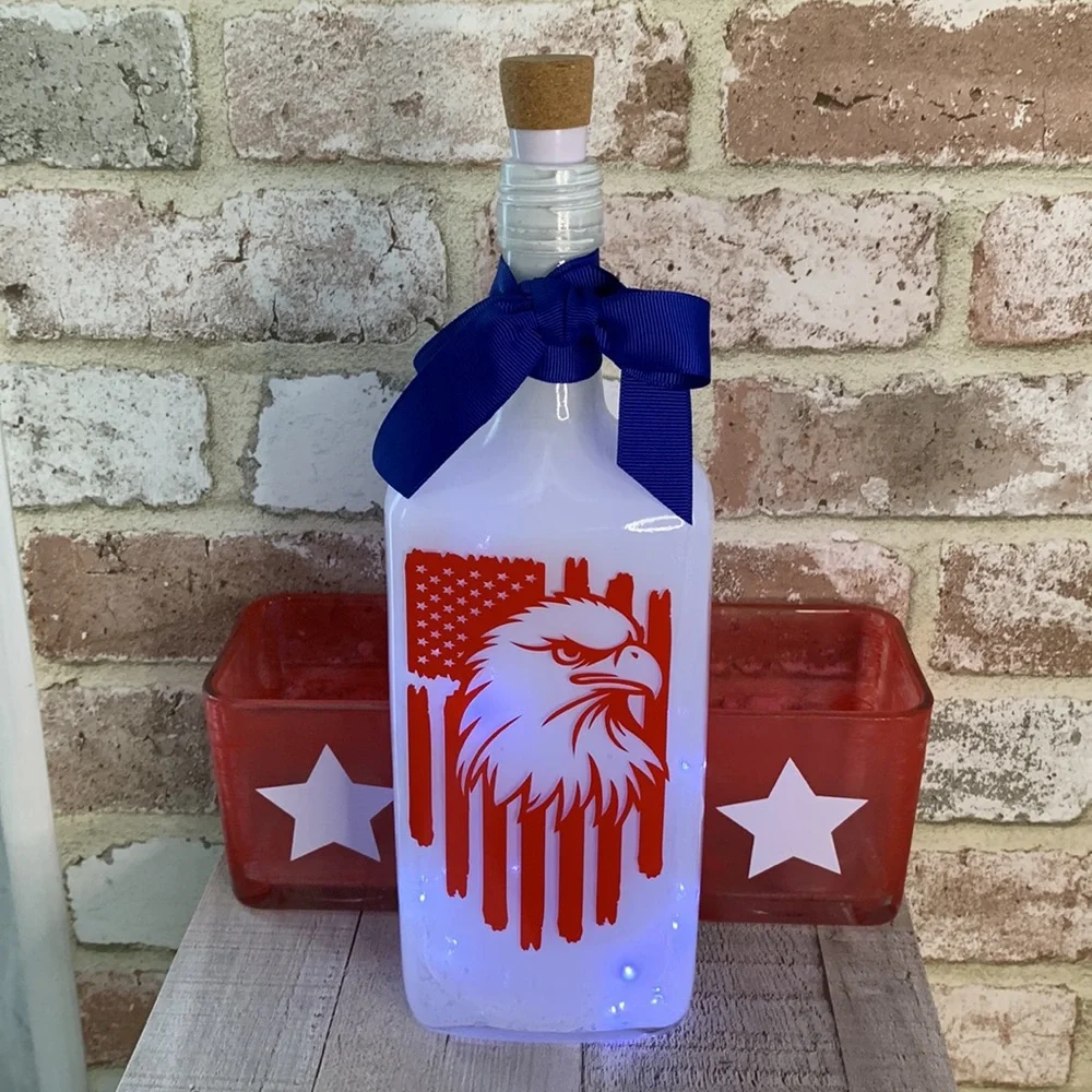 Hand Crafted Patriotic Eagle Lighted Bottle